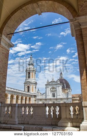 Ancona, Italy, 20 June 2015: a still of Loreto's Shrine of the Holy House taken from one of the arches of the balcony upstairs