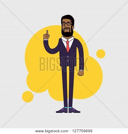 illustration of African American businessman showing his forefinger. Good idea or attention gesture. Linear flat design