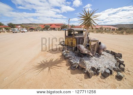 FISH RIVER CANYON NAMIBIA - SEPTEMBER 01 2015: Vintage car in front of the Lodge Canyon Roadhouse Fish River Canyon Namibia