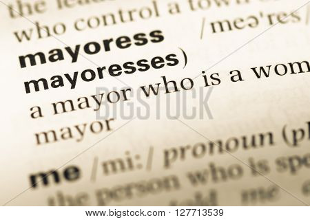 Close Up Of Old English Dictionary Page With Word Mayoresses.