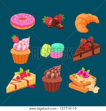 Sweet dessert chocolate sugar cookies decorative set with cream and strawberry decoration isolated vector illustration icon.dessert icon set.vector illustration