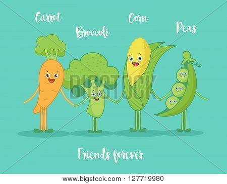 Funny vegetables holding hands.Funny cartoon character. Vector illustration. Isolated on white background. Vegetables characters.Set.
