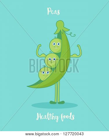Funny peas with biceps.Funny cartoon character. Vector illustration. Isolated on white background. Vegetables characters.