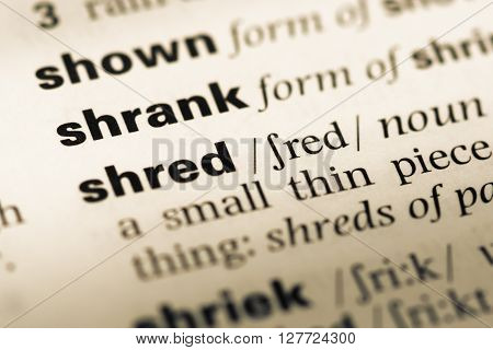 Close Up Of Old English Dictionary Page With Word Shrank.