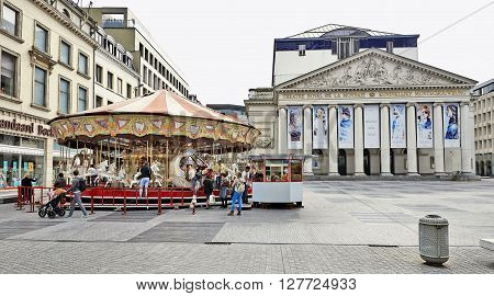 Carousel In Front Of The Royal Theatre La Monnaie In Brussels