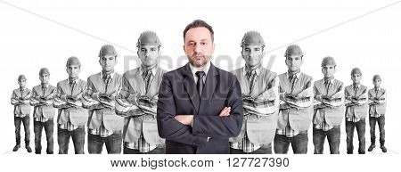 Executive suited manager leader of builders team. Leader boss or head concept.