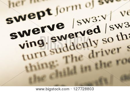 Close Up Of Old English Dictionary Page With Word Swerve.
