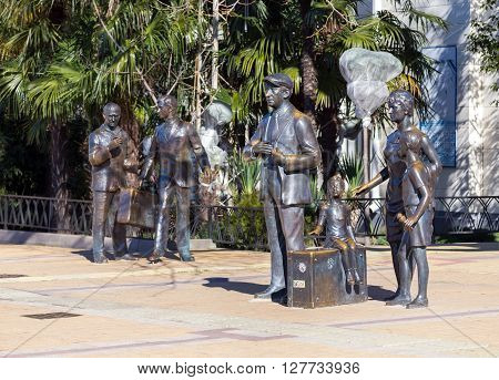 Sochi, Russia - February 9, 2016: The monument to the heroes of the Comedy directed by Leonid Gaidai The Diamond Arm, mounted in Sochi near the building of the marine station.