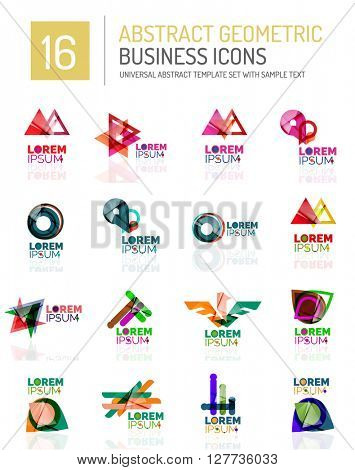 Abstract geometric business logo icon set. Colorful geometrical figure compositions with light effects - triangles circles rings arrows lines