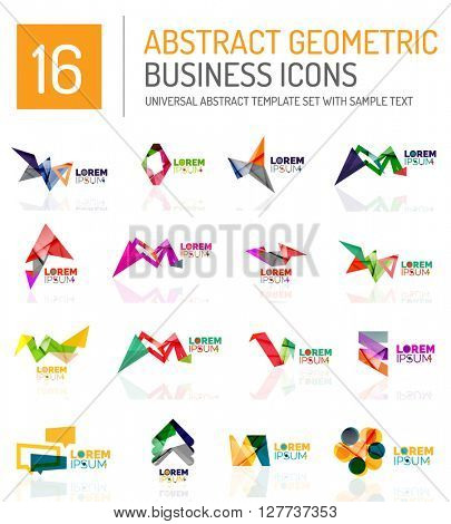 Abstract geometric business logo icon set. Colorful geometrical figure compositions with light effects - triangles circles rings arrows lines
