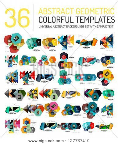 Collection of abstract backgrounds - colorful textured glossy geometric shape compositions with infographics option sample text, repetition of elements. Colorful geometric universal template, bright