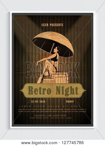 Retro Night Party Template, Dance Party Flyer, Night Party Banner or Club Invitation design with illustration of young girl on stylish background.