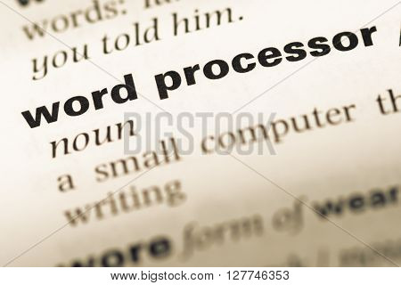 Close Up Of Old English Dictionary Page With Word Word Processor.