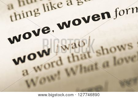 Close Up Of Old English Dictionary Page With Word Wove Woven.