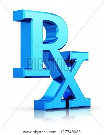 3D render illustration of blue metallic RX prescription medicine drugs logo symbol sign or icon isolated on white background with reflection effect