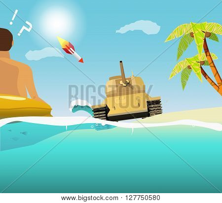 The sudden intrusion of the tank on the beach. The attack in paradise