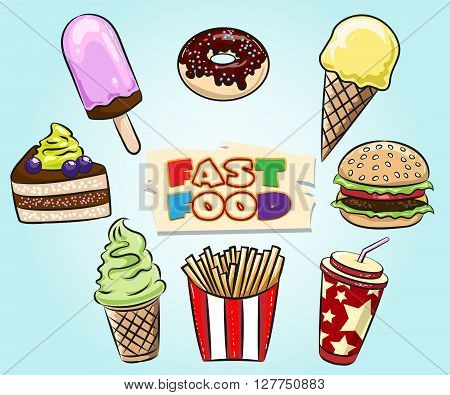 Set of Fast Food. Muffin icecream pice of pie hamburger fried potatoes soft drink drawn in cartoon style.