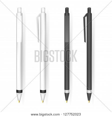 Vector Set of Blank Black and White Pens.Template for advertising and corporate identity.Mock Up Template Ready For Your Design. Vector Isolated Illustration.