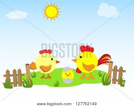 Hen, rooster and chicken on the green grass. Vector illustration for the children's websites, magazines. It can be used on labels of products and packing of goods