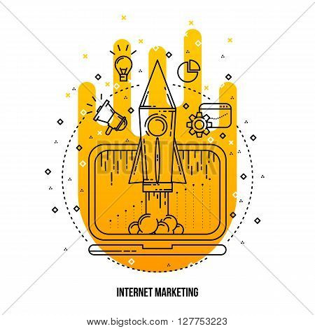 Internet marketing illustration. Vector outline flat background . Outline icons collection. Internet promotion concept Internet marketing illustration . Internet promotion items Line art flat style