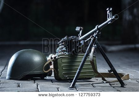 soviet russian weapon: machine gun PKM on the ground