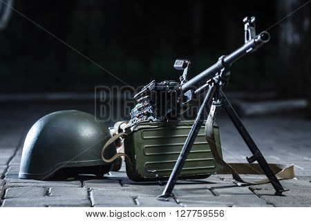 soviet russian weapon: machine gun PKM on the ground
