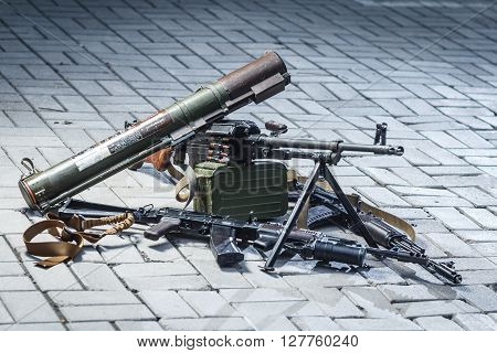 soviet russian weapon: weapon pile on the ground