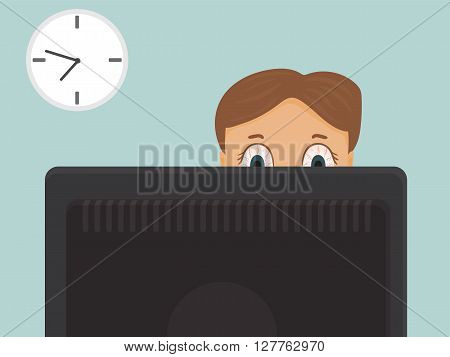 Businessman with red eyes, hard working overtime at the office. Vector cartoon illustration.