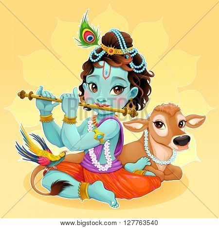Baby Krishna with sacred cow. Vector cartoon illustration of hindu god.