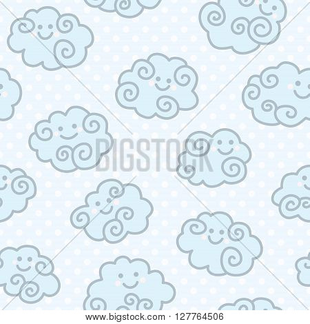 Seamless pattern with funny cartoon clouds on blue peas background. Vector illustration