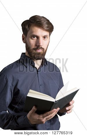 Bearded caucasian businessman with book in hands isolated on white background