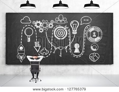 Startup concept with businessman sitting in interior with large blackboard and sketch