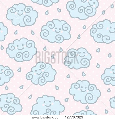 Seamless pattern with funny cartoon clouds on pink peas background. Vector illustration