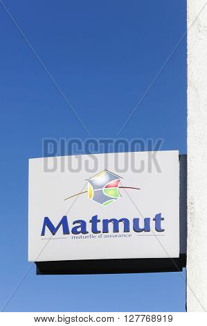 Villefranche, France - March 27, 2016: Matmut logo on a wall. Matmut group accompanies its policyholders throughout life. It insures their property, their health, retirement, savings and banking
