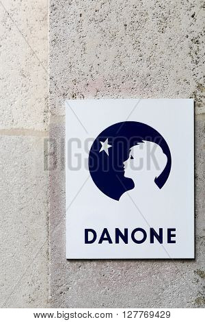 Paris, France - March 28 2016: Danone is a French multinational food-products corporation based in Paris. It has four business lines: fresh dairy products waters, baby nutrition and medical nutrition