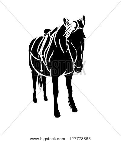 Black silhouette of a little horse on a white background. Drawing of a pony with a saddle vector.