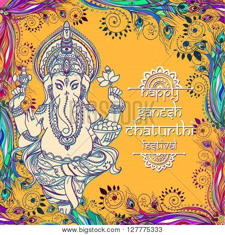 Ornament beautiful card with God Ganesha. Illustration of Happy Deepavali. Ganesh chaturthi festival dedicated to Ganesha. Hinduism in India. Mediation