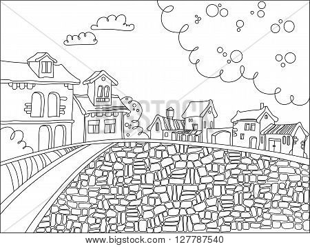 black and white town square in cartoon style. Hand drawn doodle  houses. vector illustration for a children's, adult coloring pages