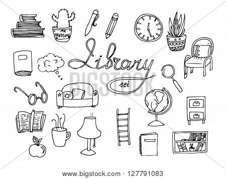 Set of isolated library icons. Hand drawn vector stock illustration