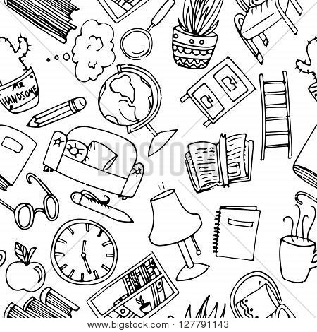 Library background seamless pattern. Hand drawn vector stock illustration