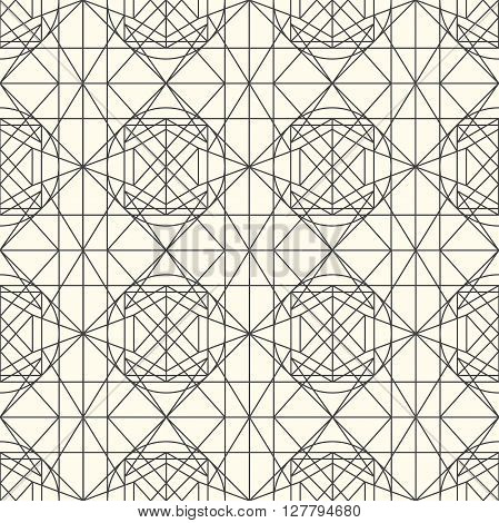 Hipster and vintage Vector geometrical light seamless pattern with interweaving of thin lines. Decoration graphic in mono line style. Simple abstract ornamental gray and gold illustration.