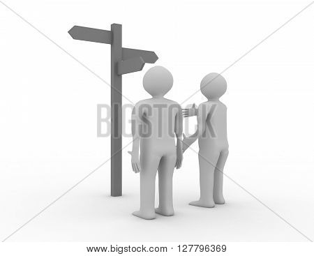 Signpost With 3D Characters Showing Travelling Or Guidance