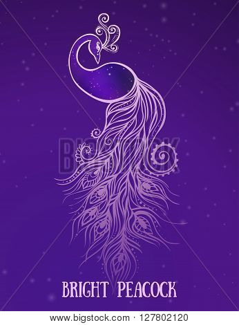 Colorful fashion card with peacock Color bird for the design of textiles, clothing, T-shirts, wallpaper, print, wall stickers. Decoration pattern. Seamless hand drawn map with peacock paisley oriental