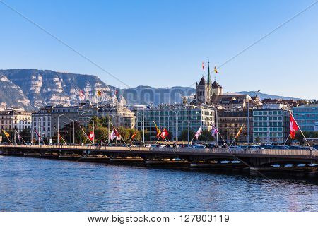 Geneva Switzerland - September 9 2015 - Cityscape of Geneva at the lake side Switzerland.