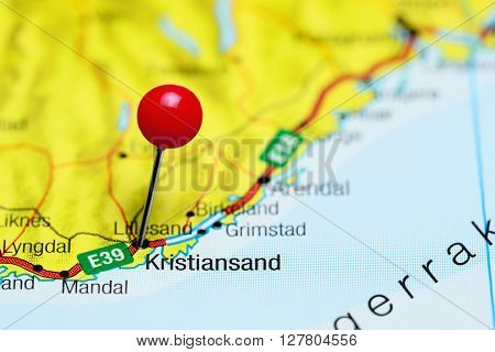 Kristiansand pinned on a map of Norway