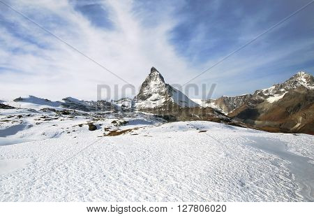 Matterhorn mountain and alpine glacier in Switzerland