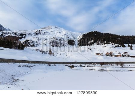 Panorama View Of The Frozen Davos Lake In Davos Dorf