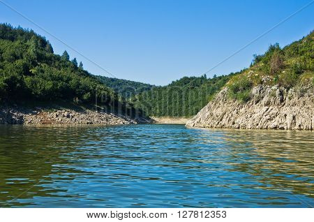 Rocky landscape of river Uvac gorge at sunny summer morning, southwest Serbia