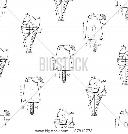 Ice cream. Hand drawn stock illustration. Seamless background pattern