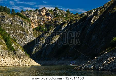 Rocky landscape of river Uvac gorge at sunny summer morning, southwest Serbia